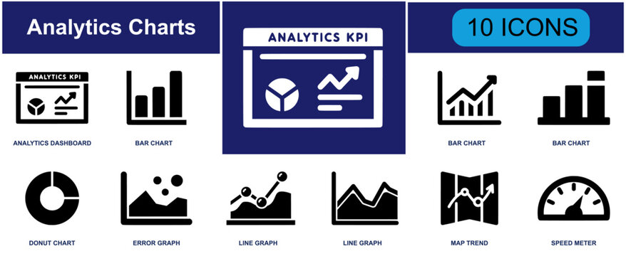 Analytics charts icon set. Containing graph, dashboard, report, statistics, growth, pie chart, data, monitoring, finance and more. Solid fill vector icons collection.