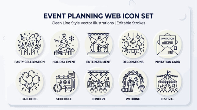 Event planning icon set, various symbols for organization and celebration, nobody, graphic resources