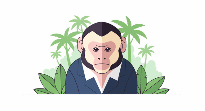 Serious monkey in a suit amidst tropical foliage and palm trees