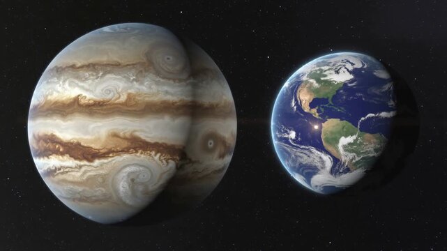 Jupiter and earth planets in space with stars in the background