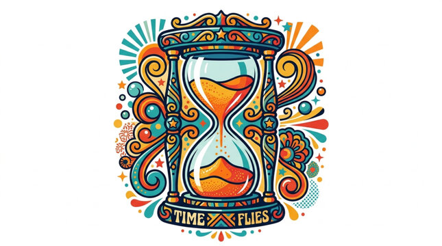 Ornate hourglass with colorful swirling patterns and the words time flies.