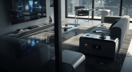 Fototapeta premium Futuristic smart home living room with holographic displays and minimalist furniture