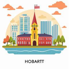 Fototapeta premium Historic red building with clock tower and American flag in cityscape on water