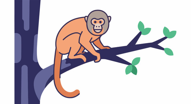 A simplified, flat illustration of an orange monkey on a dark blue branch