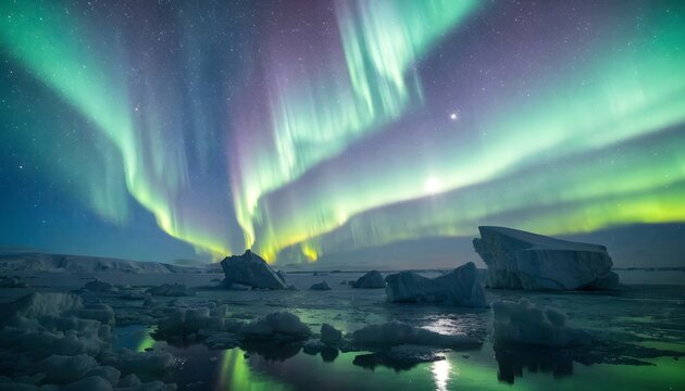 Vibrant aurora borealis over a frozen arctic landscape with icy reflections