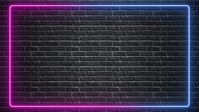 neon lights pink and blue square frame on black brick wall motion background,abstract technology and futuristic blank social media design element