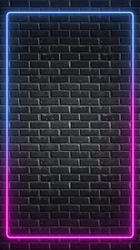 neon lights pink and blue square frame on black brick wall motion background,abstract technology and futuristic blank vertical social media design element