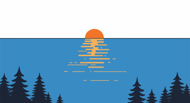 Minimalist sunset over a tranquil lake with pine trees silhouetted