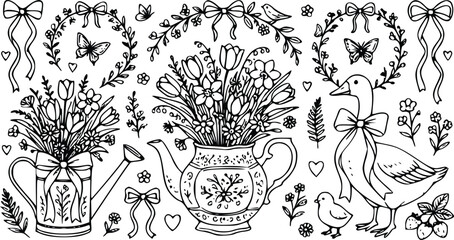 Hand drawn collection featuring floral arrangements in vintage pots alongside a cute goose and decorative ribbons for creative spring projects © Nimy_