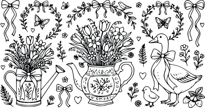 Hand drawn collection featuring floral arrangements in vintage pots alongside a cute goose and decorative ribbons for creative spring projects