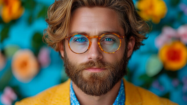 Close-up portrait of stylish man with well-groomed beard and wavy blonde hair, wearing fashionable tortoise-shell glasses against vibrant, out-of-focus floral blue backdrop.