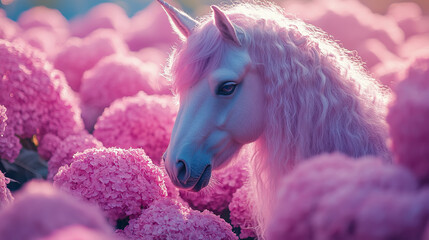 Obraz premium Majestic ethereal unicorn with flowing mane stands gracefully amidst dreamy landscape of vibrant pink hydrangea flowers in soft glowing natural sunlight, magical fantasy art.