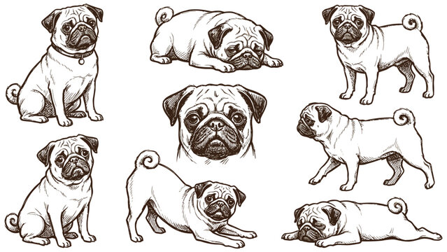 Pug dog poses set cartoon sketch vector illustration
set of dog