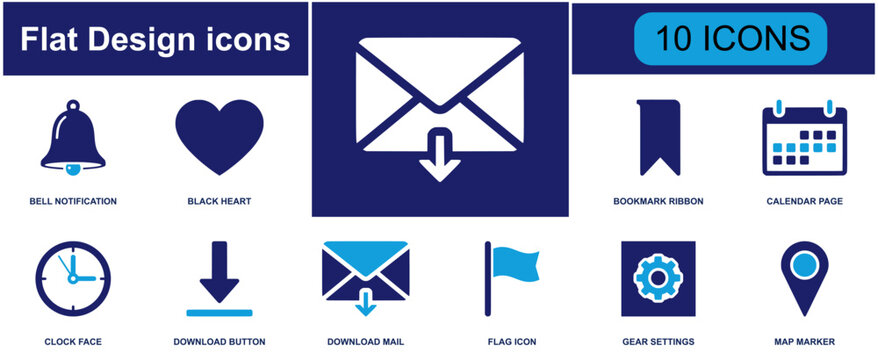 Flat design icon set. Containing envelope, heart, bookmark, chart, mail, notification, navigation, interface, media and more. Solid fill vector icons collection.
