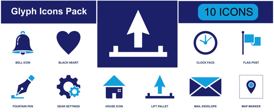 Glyph icons pack. Containing arrow, home, mail, heart, location, clock, notification, navigation, interface and more. Solid fill vector icons collection.