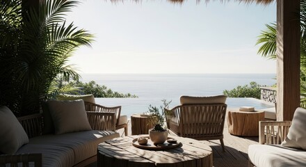 Fototapeta premium Photo-realistic Luxury Outdoor Lounge Area on Tropical Patio with Ocean View for Travel Hospitality