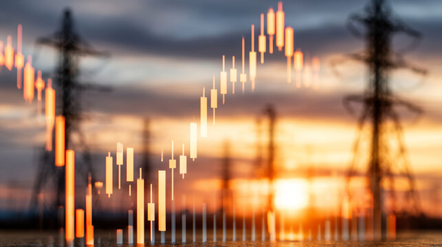 Blurred of Digital Display Screen Showing Financial Stock Values Near High Voltage Power Grid Lines