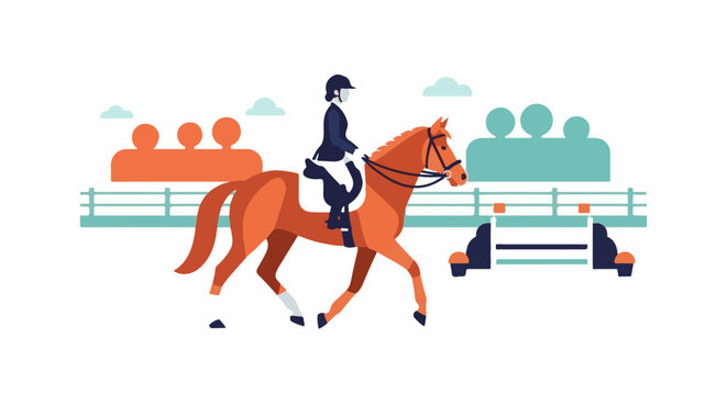 Stylized equestrian event with rider on horse jumping over obstacles