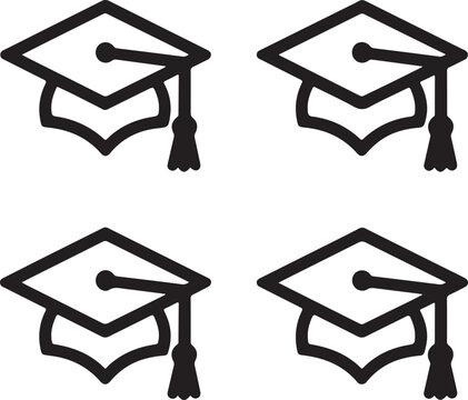 Four identical graduation cap with tassels on a clean white background, for academic themes