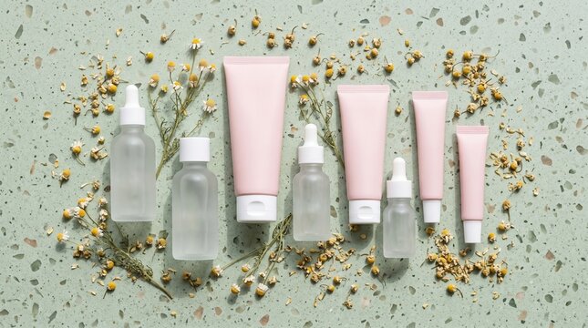 Natural skincare cosmetics branding mockup bottles with chamomile flowers flat lay