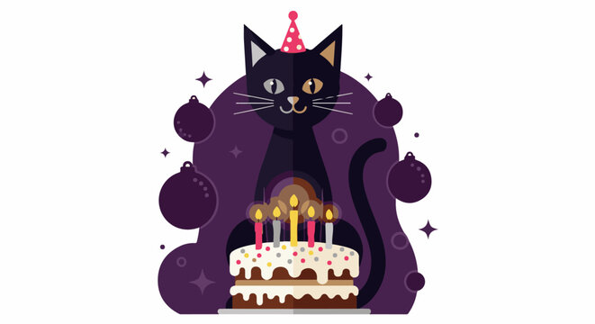 Black cat wearing party hat sits with a birthday cake and candles