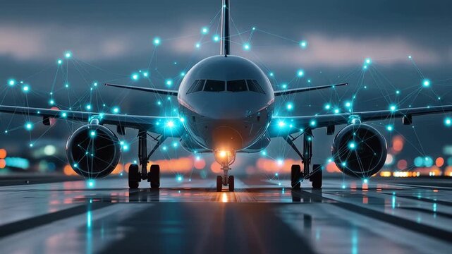 Airplane jet runway airport landing front wing engine taxi night front view runway with digital network lights and airport reflection night, optimized for SEO search visibility travel aviation footage