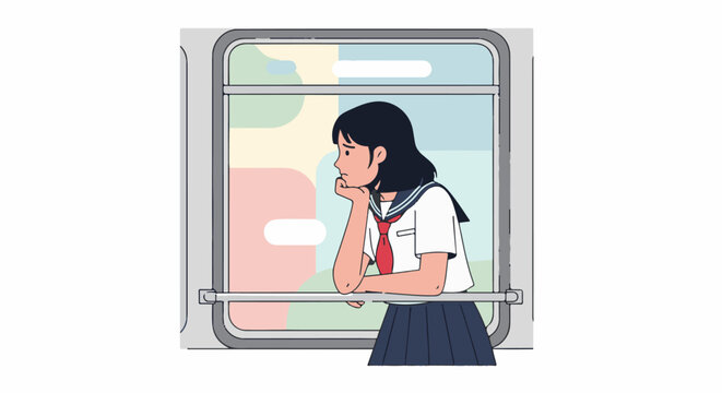 Young girl in school uniform looks out window from inside a train