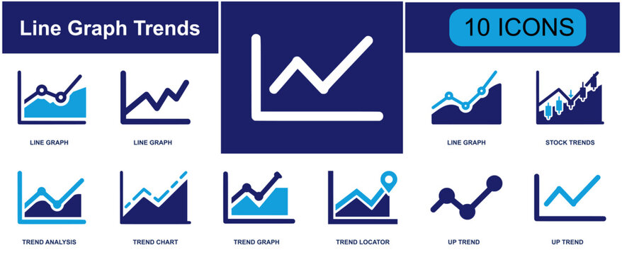 Line graph trends icon set. Containing analytics, statistics, chart, report, finance, monitoring, growth, dashboard, business and more. Solid fill vector icons collection.