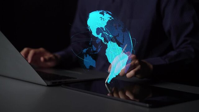 Global network connection visualization showing data exchange, digital link, worldwide communication. Global data flow and digital network infrastructure connecting regions around the world. Thunk