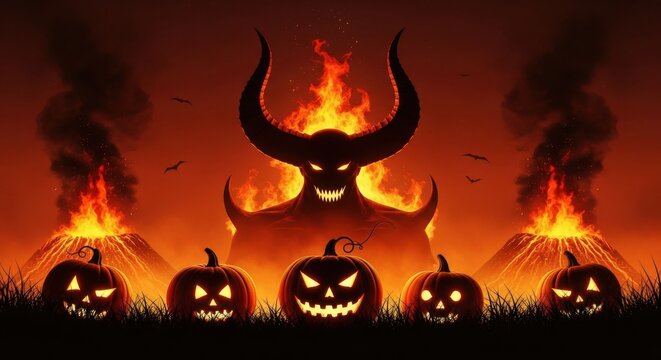 Halloween firey landscape with devil and pumpkins jack o lantern glowing eyes
