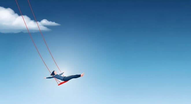 A happy person swinging high on a swing set against a bright blue sky with fluffy white clouds on a sunny summer day