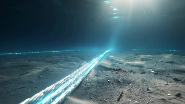 Underwater light beam over sandy sea floor with blue sun rays and ocean water, fiber optic cable in sand field with bright blue glow, underwater cable on sandy floor with particles in deep sea scene
