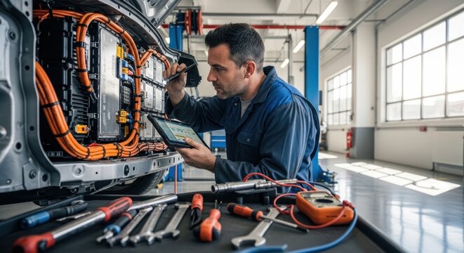 Automotive Mechanic Inspecting EV High-Voltage Battery Pack with Diagnostic Tablet in Modern Workshop