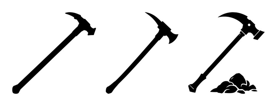 Data mining pickaxe icon set with solid black silhouette on white background featuring binary code, data analytics, technology with mining and tools