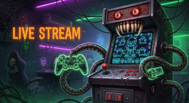 Live stream neon sign with creepy arcade machine and controller, entertainment