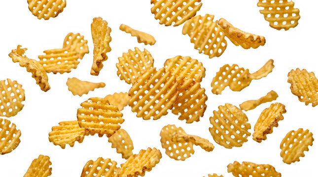 Crispy golden waffle fries scattered randomly isolated on transparent background transparent background