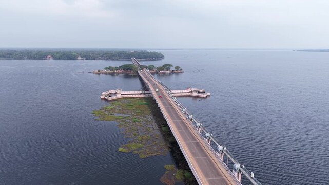 aerial drone view of Thanneermukkom Bund, bridge located in Alappuzha and Kottayam Kerala, India 