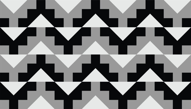 Seamless geometric pattern with abstract zigzag steps, monochrome black white and grey tribal style repeating background, vector illustration for textile and wallpaper.