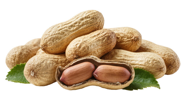 Pile of unshelled peanuts with one open revealing two kernels and green leaves