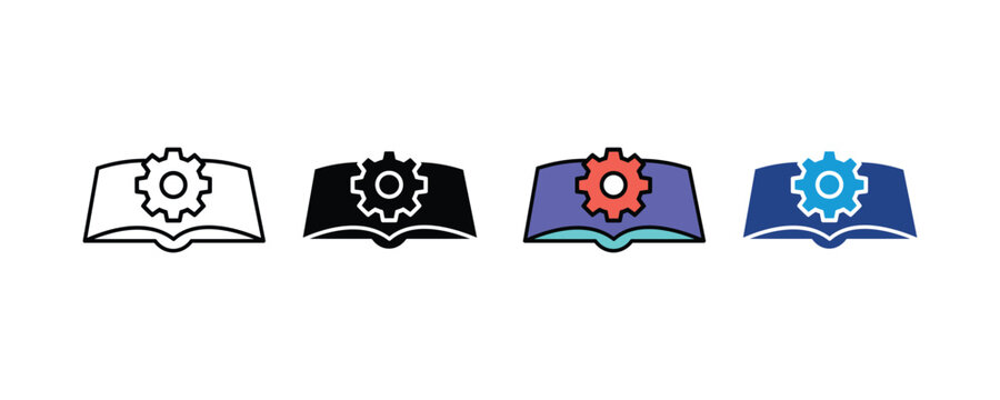 Technical book icon set with a gear settings symbol. knowledge base configuration, system documentation, software help guide setup icon. vector illustration