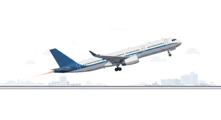 Passenger airplane taking off into the sky with city skyline in background. © Melati
