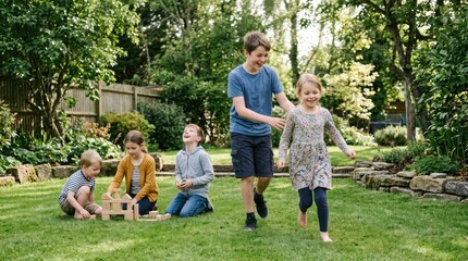 Fototapeta premium Happy Children Playing Together on Green Lawn in Sunny Backyard Garden