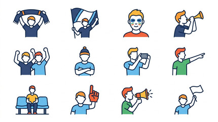 Fototapeta premium Sports Fans Icons: Cheering, Waving Flags, Megaphone, Foam Finger, Watching Game
