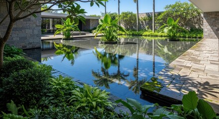 Naklejka premium Photo-realistic Modern Architecture, Landscape Design, and Luxury Outdoor Living Space with Reflecting Pool and Lush Tropical Garden