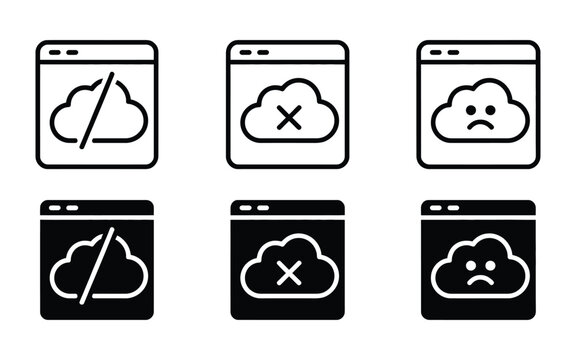 Cloud connection error icon set. web browser window, disconnected server, network database failure, broken cross link, sad face internet data loading storage problem icon. vector illustration