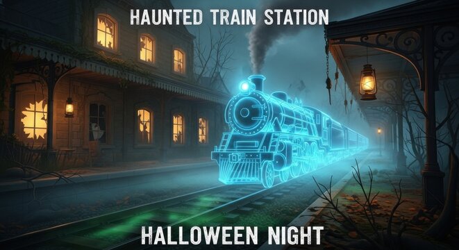 Ghostly train appears at haunted train station on halloween night with halloween