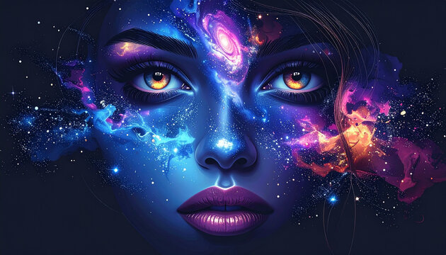 Woman face with colorful galaxy makeup and cosmic eyes