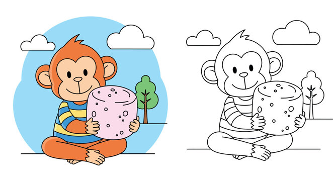 Cute Cartoon Monkey Holding Marshmallow - Adorable Animal Illustration for Kids