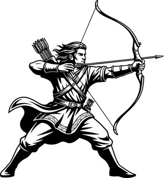 Black and white illustration of an archer aiming with a bow and arrow.