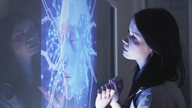 Businesswoman touches a glowing blue holographic brain diagram on a transparent screen, symbolizing AI, neuroscience, or digital intelligence technologies.